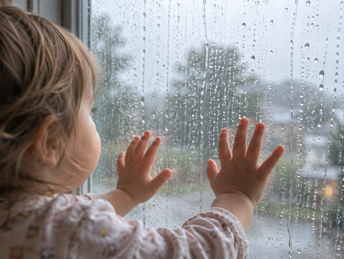 toddler pressing hands against a rain-covered window looking outside on a rainy day