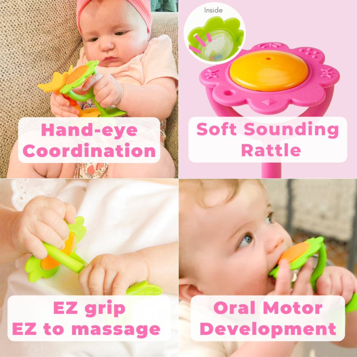 EZ Grip Massaging Flower Rattle Teether - 2 Pack ( Pink & Green) - innobaby