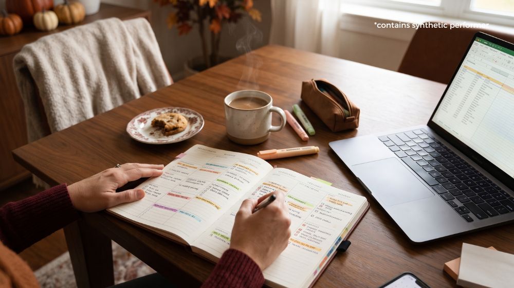 parent calmly planning the holiday season at a table with a planner, coffee, and pen