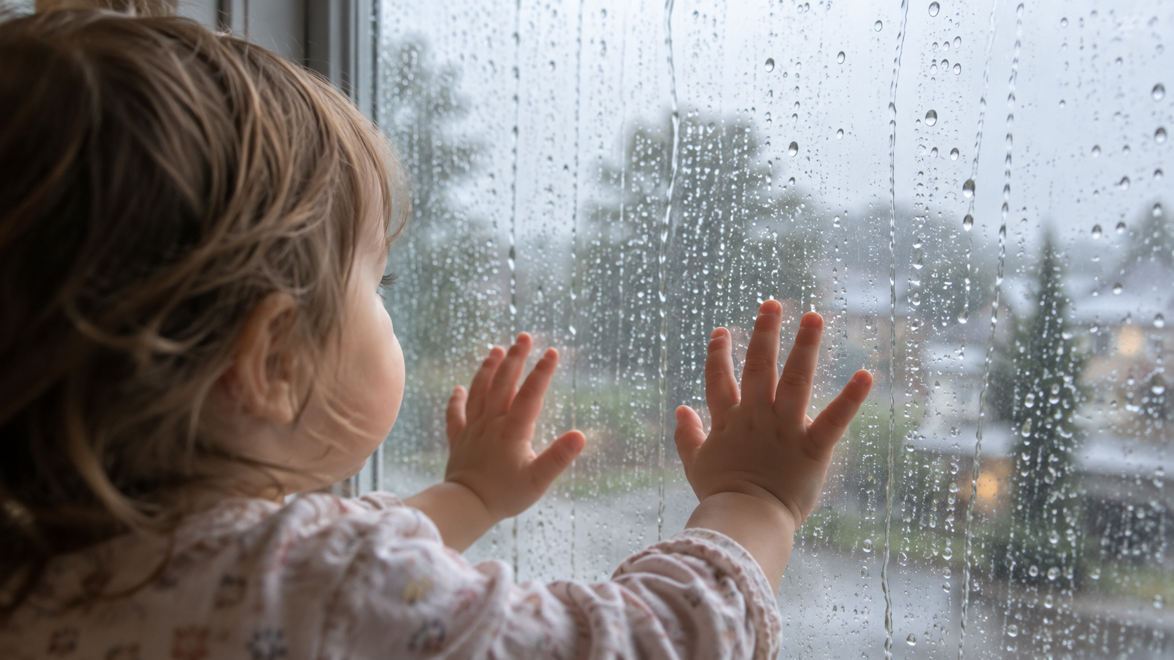toddler pressing hands against a rain-covered window looking outside on a rainy day