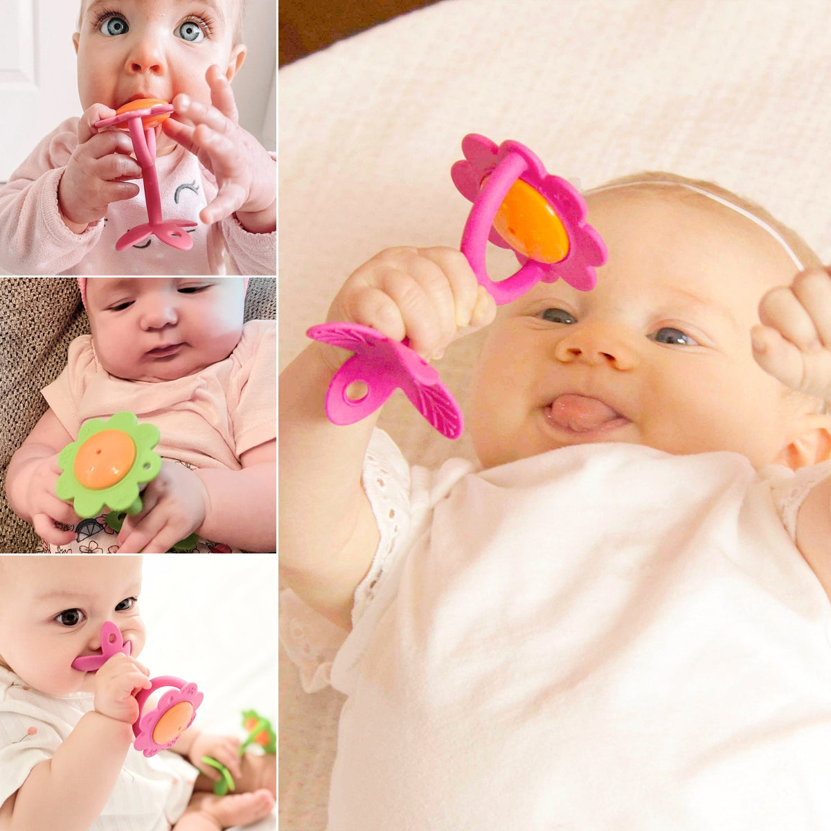 EZ Grip Massaging Flower Rattle Teether - 2 Pack ( Pink & Green) - innobaby
