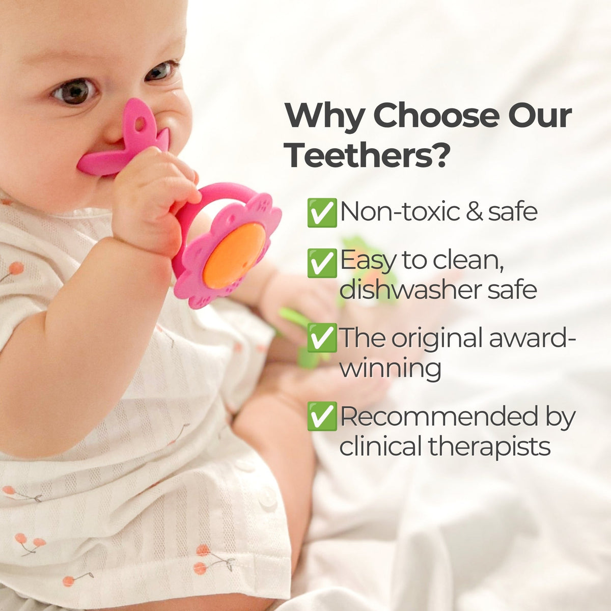 EZ Grip Massaging Flower Rattle Teether - 2 Pack ( Pink & Green) - innobaby