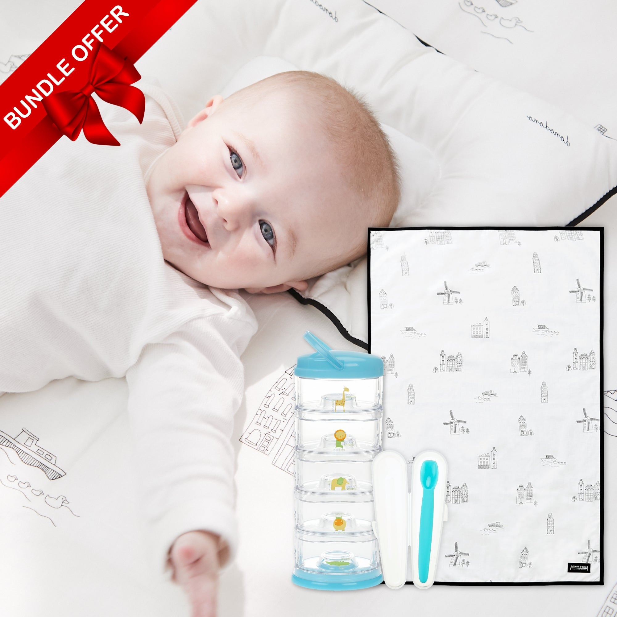 🎁 On - the - Go Essentials Bundle – Baby Travel Kit with Waterproof Mat, Silicone Spoon, Zoo Stackable Storage (100% off) - innobaby